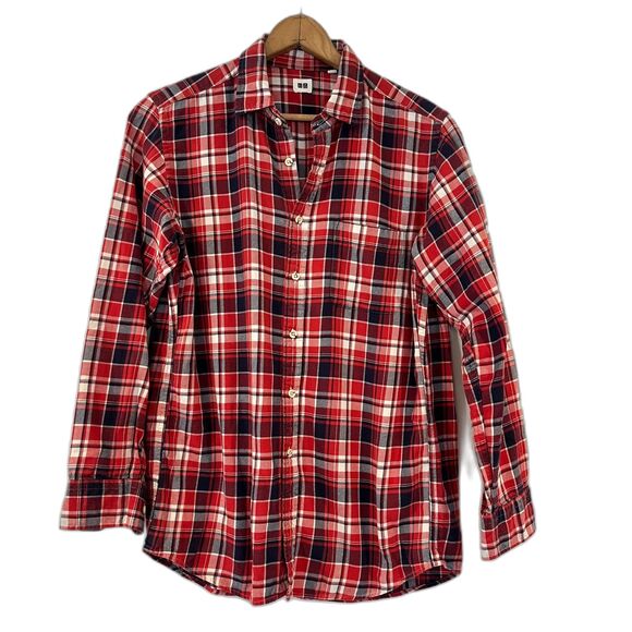 Uniqlo Red Plaid Button Front Shirt One Pocket Cotton Men's Large - Picture 1 of 7